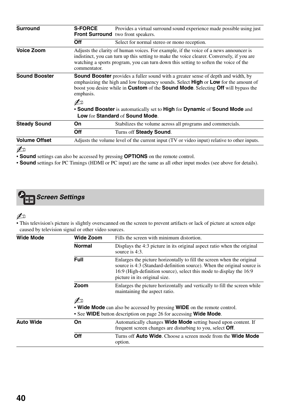 Screen settings | Sony KDS-Z60XBR5 User Manual | Page 40 / 59