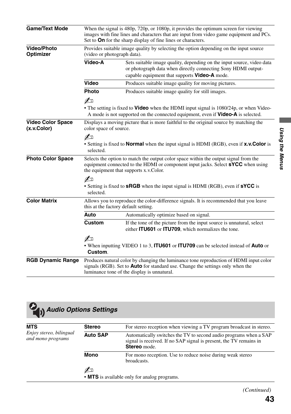 Audio options settings | Sony KDS-Z60XBR5 User Manual | Page 43 / 59