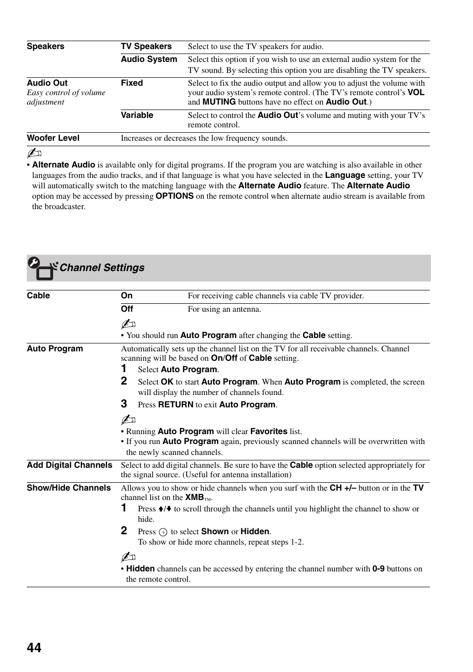 Channel settings | Sony KDS-Z60XBR5 User Manual | Page 44 / 59