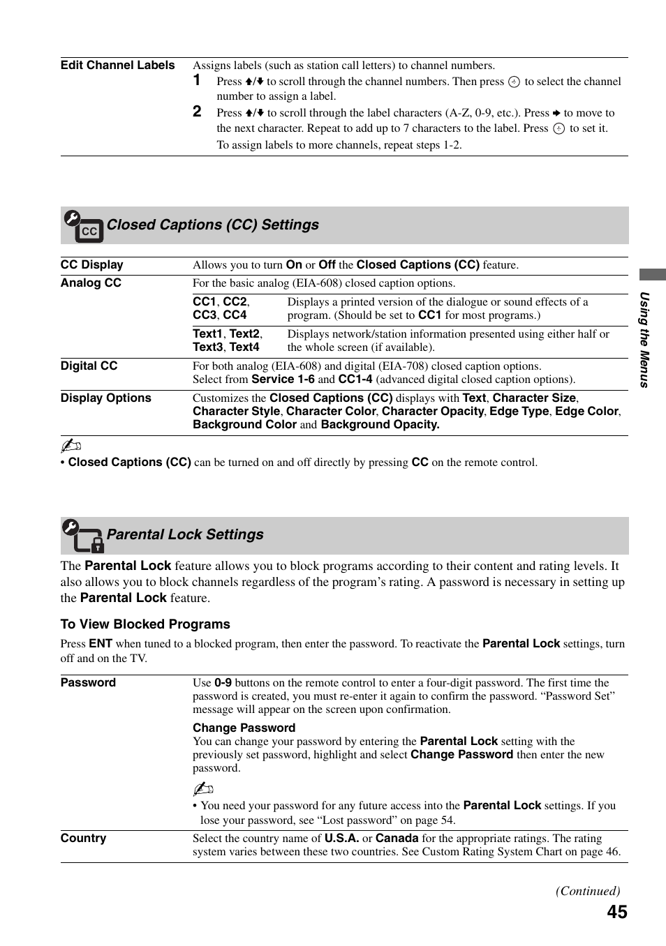 Closed captions (cc) settings, Parental lock settings | Sony KDS-Z60XBR5 User Manual | Page 45 / 59