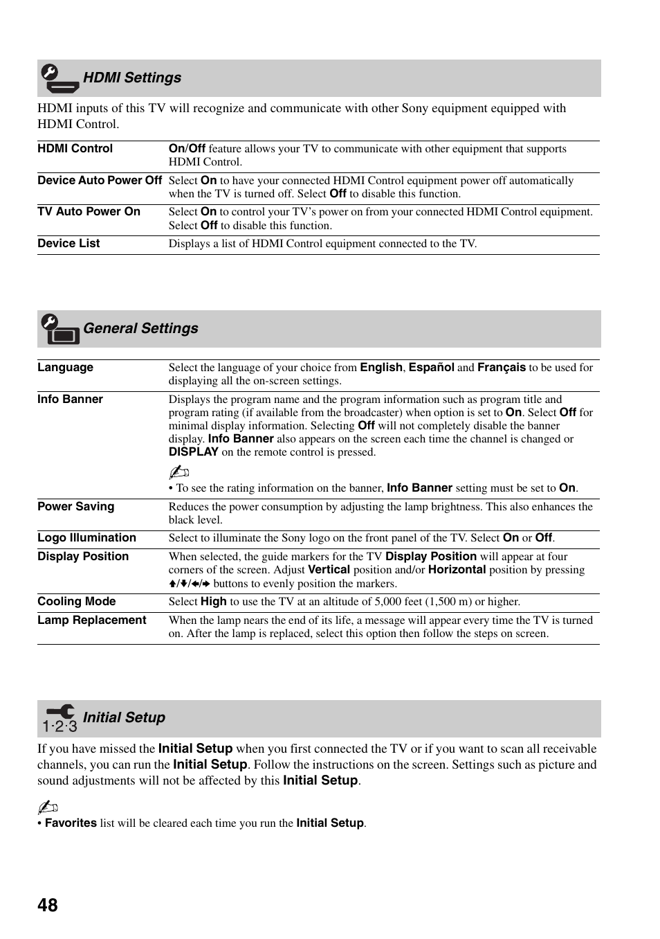 Hdmi settings, General settings, Initial setup | Hdmi settings general settings initial setup | Sony KDS-Z60XBR5 User Manual | Page 48 / 59