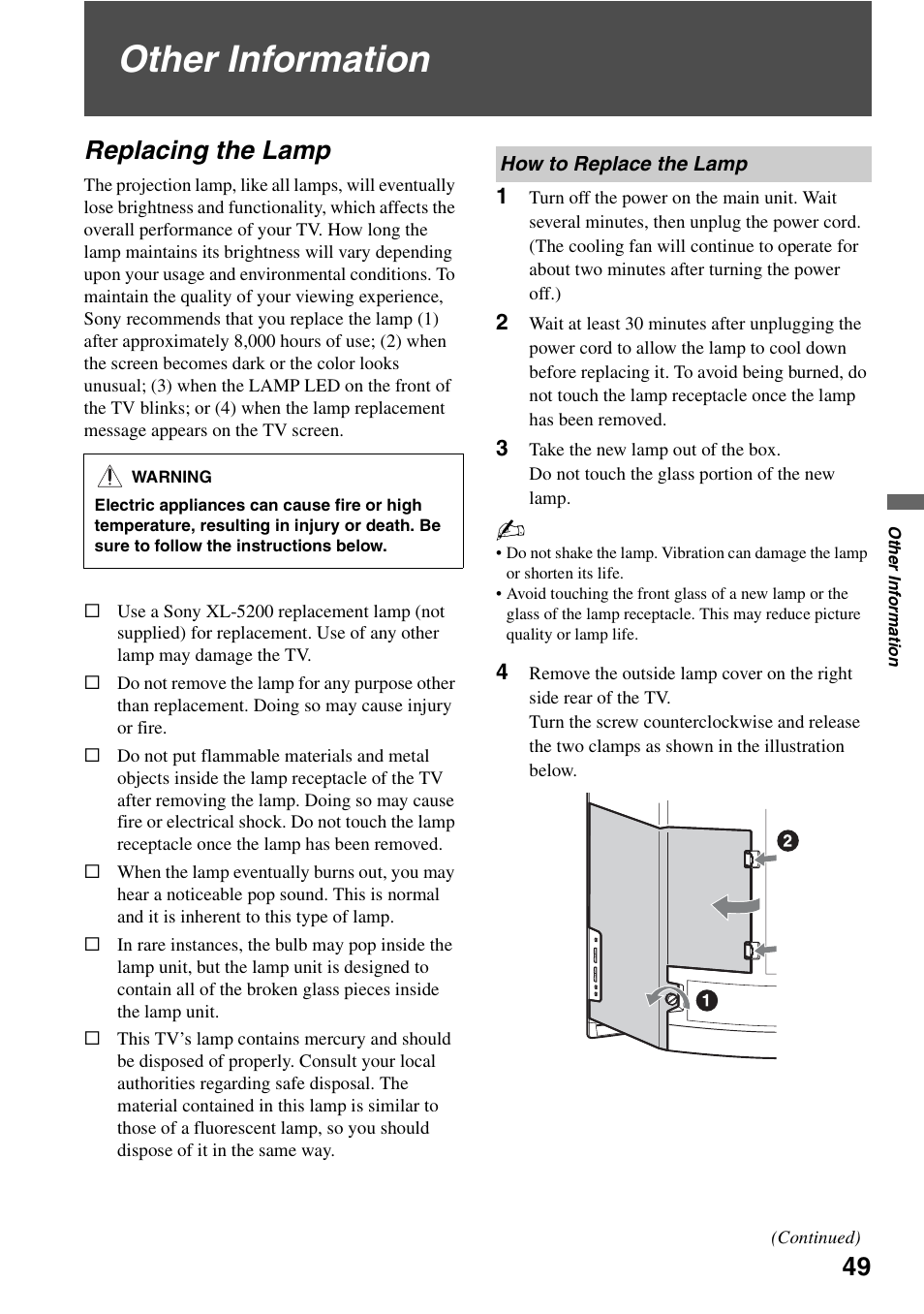 Other information, Replacing the lamp, How to replace the lamp | Sony KDS-Z60XBR5 User Manual | Page 49 / 59