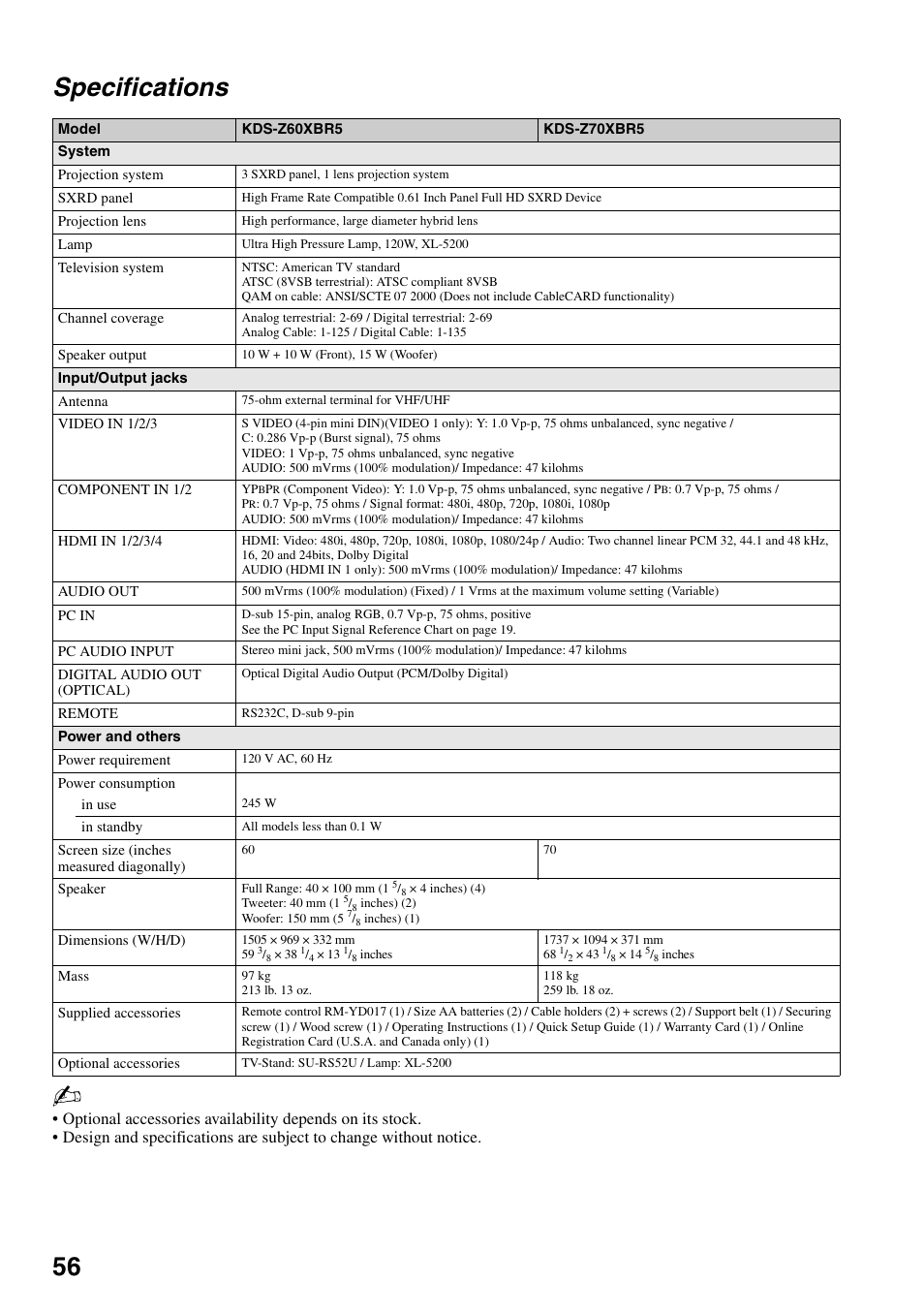 Specifications, 56 specifications | Sony KDS-Z60XBR5 User Manual | Page 56 / 59