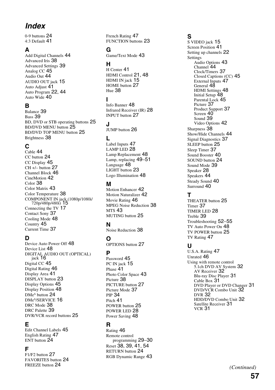 Index, 57 index | Sony KDS-Z60XBR5 User Manual | Page 57 / 59