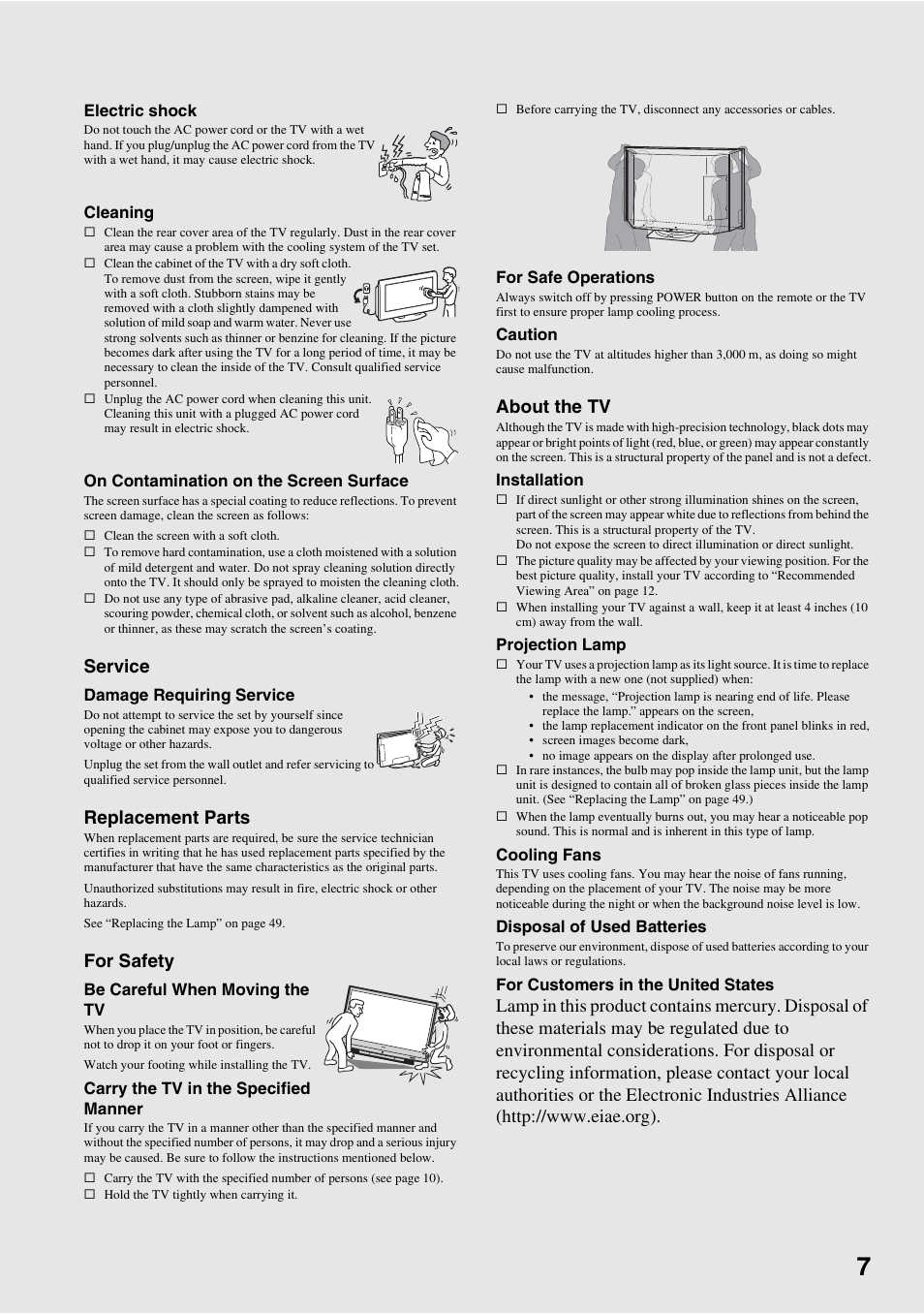 Service, Replacement parts, For safety | About the tv | Sony KDS-Z60XBR5 User Manual | Page 7 / 59