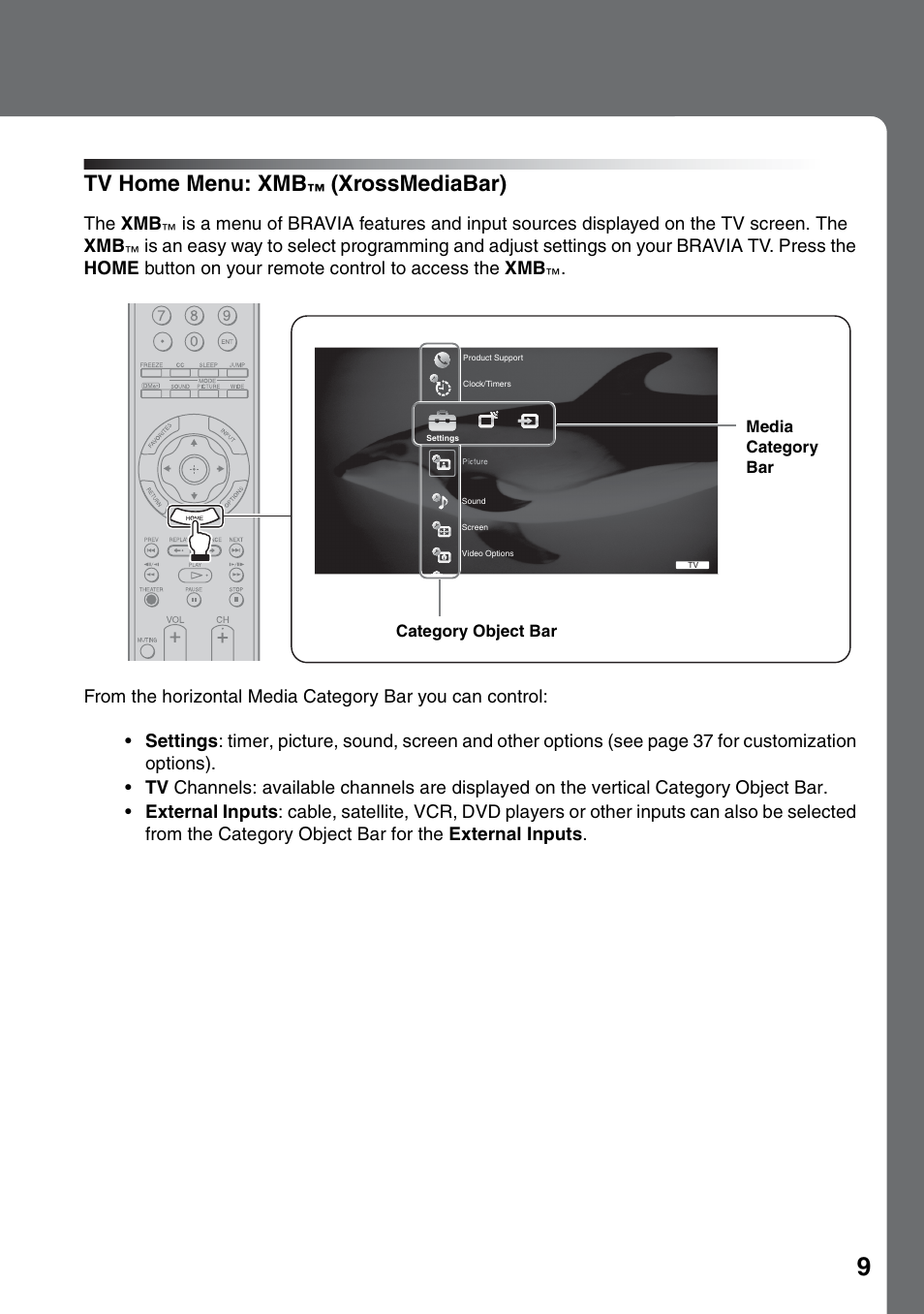 Tv home menu: xmb™ (xrossmediabar), Tv home menu: xmb, Xrossmediabar) | Sony KDS-Z60XBR5 User Manual | Page 9 / 59