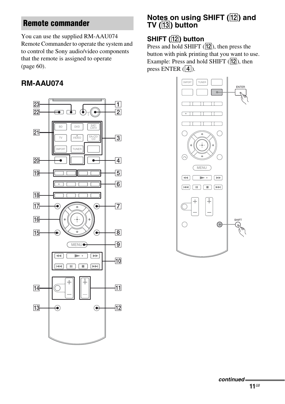 Remote commander, Shift ( l ) button | Sony HT-AF5 User Manual | Page 11 / 80