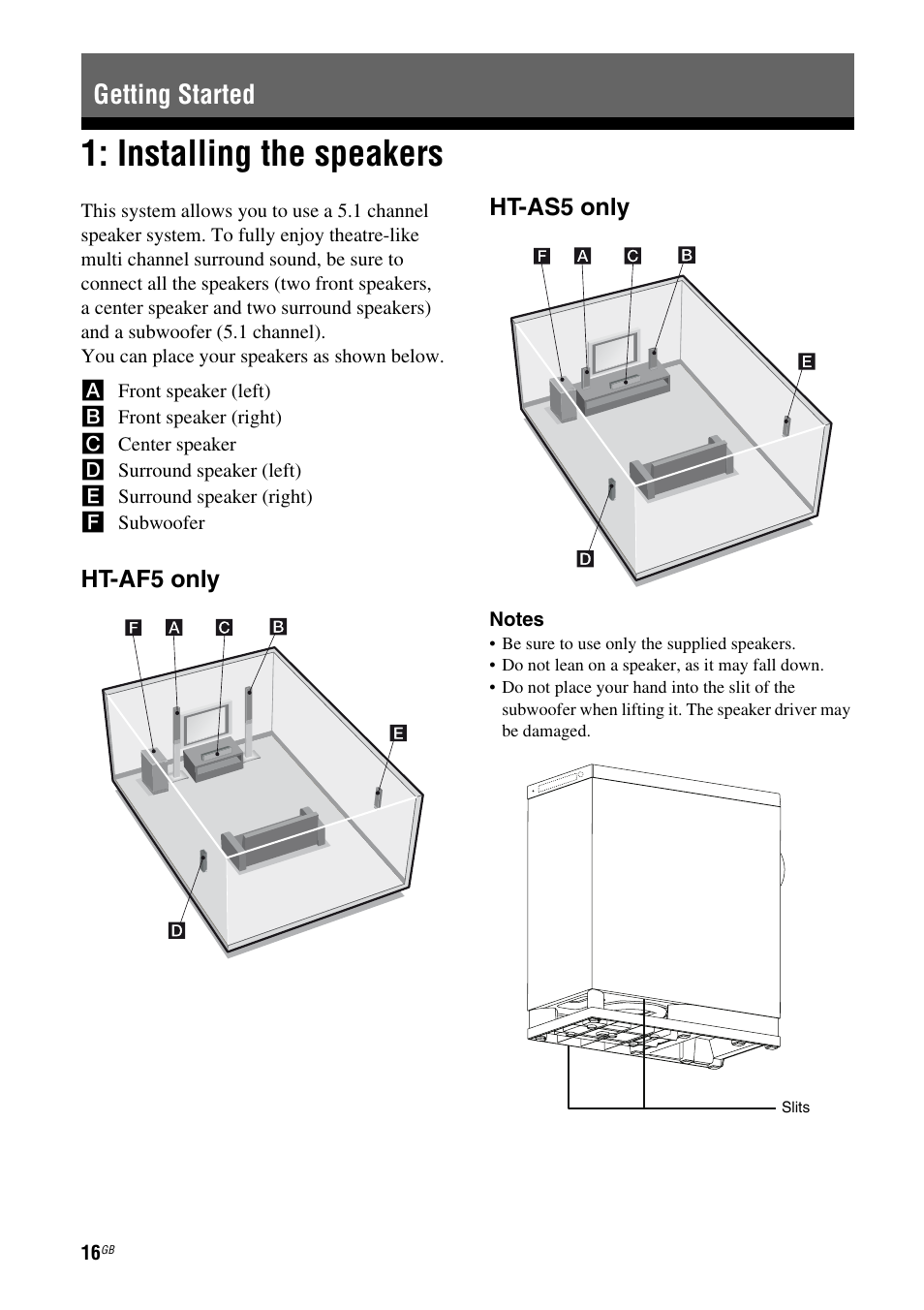 Getting started, Installing the speakers | Sony HT-AF5 User Manual | Page 16 / 80