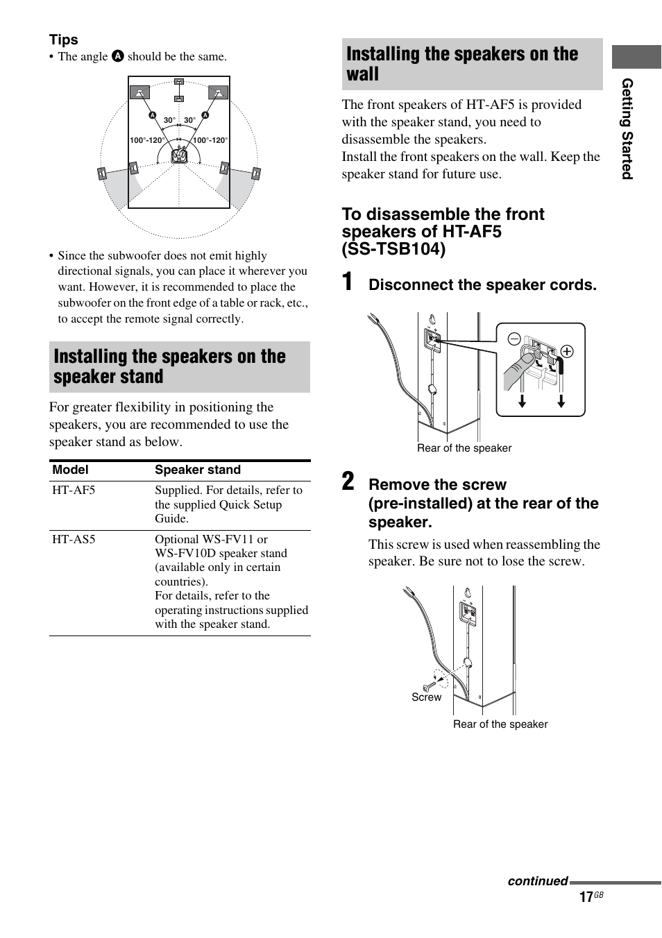 Installing the speakers on the speaker stand, Installing the speakers on the wall | Sony HT-AF5 User Manual | Page 17 / 80