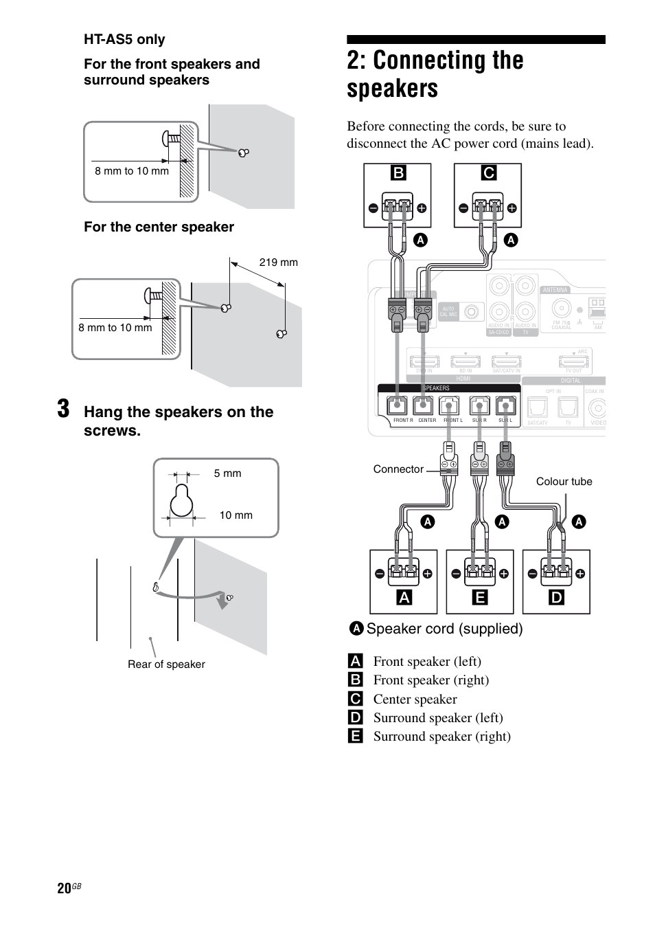 Connecting the speakers, Hang the speakers on the screws, Eb a speaker cord (supplied) a a | Sony HT-AF5 User Manual | Page 20 / 80