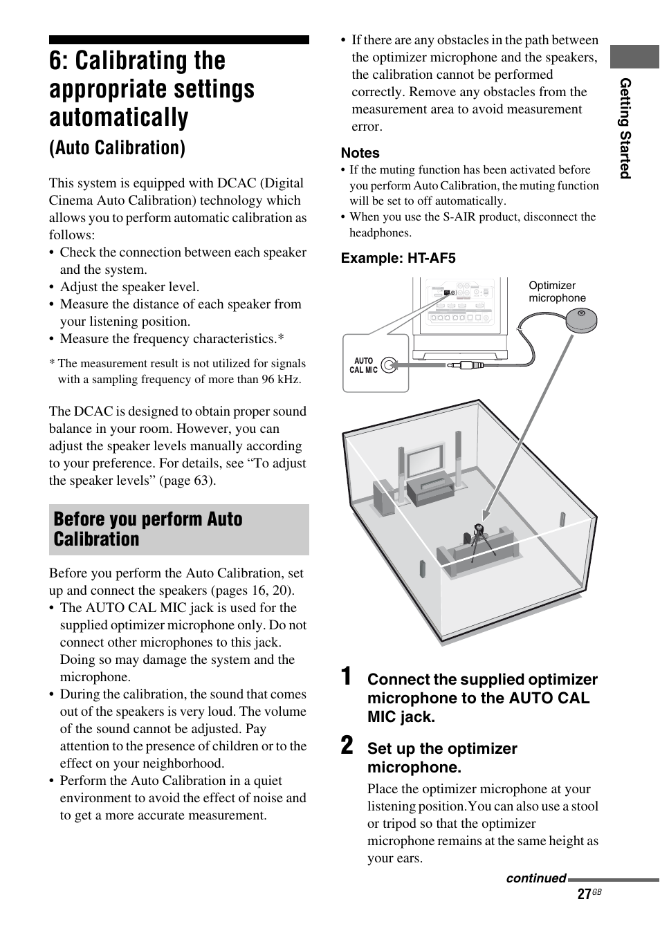 Calibrating the appropriate settings, Automatically(auto calibration), Calibrating the appropriate settings automatically | Auto calibration), Before you perform auto calibration, Set up the optimizer microphone | Sony HT-AF5 User Manual | Page 27 / 80