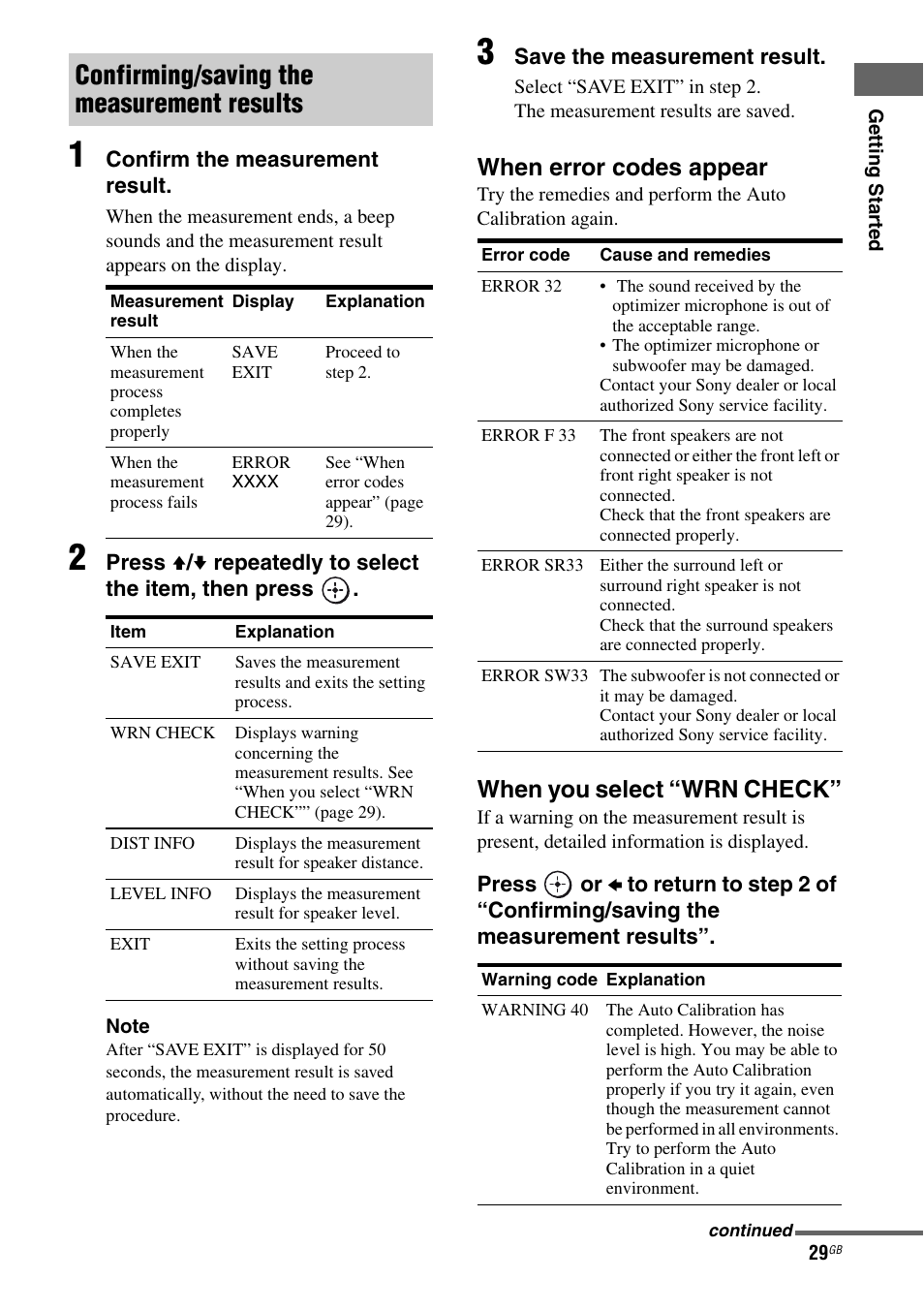 Confirming/saving the measurement results, When error codes appear, When you select “wrn check | Sony HT-AF5 User Manual | Page 29 / 80