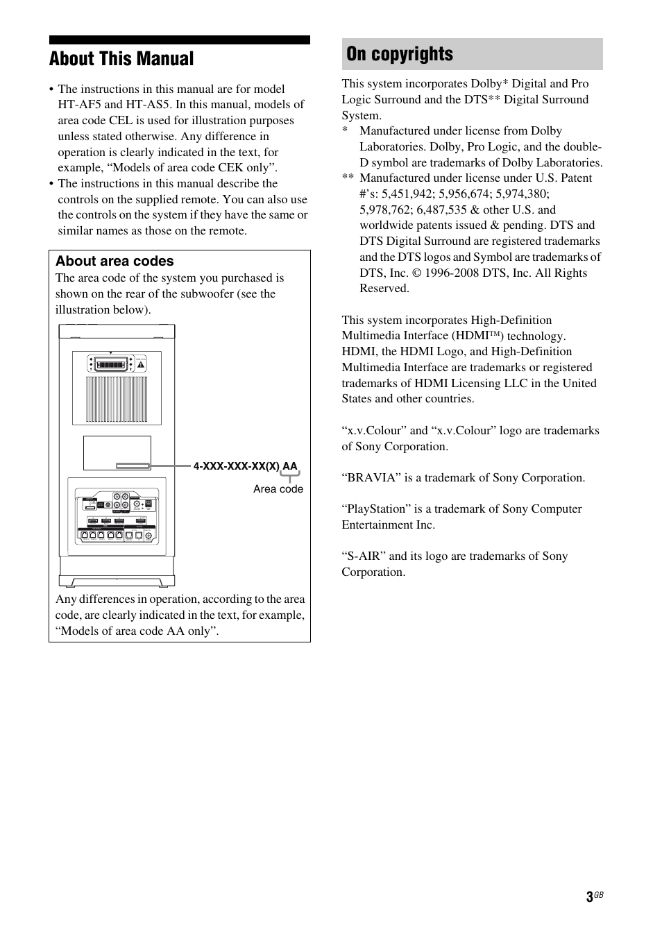 About this manual, On copyrights, About area codes | Area code | Sony HT-AF5 User Manual | Page 3 / 80