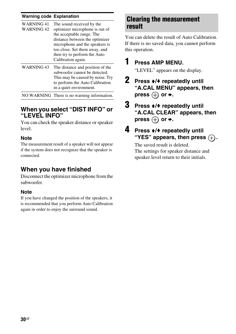 Clearing the measurement result | Sony HT-AF5 User Manual | Page 30 / 80