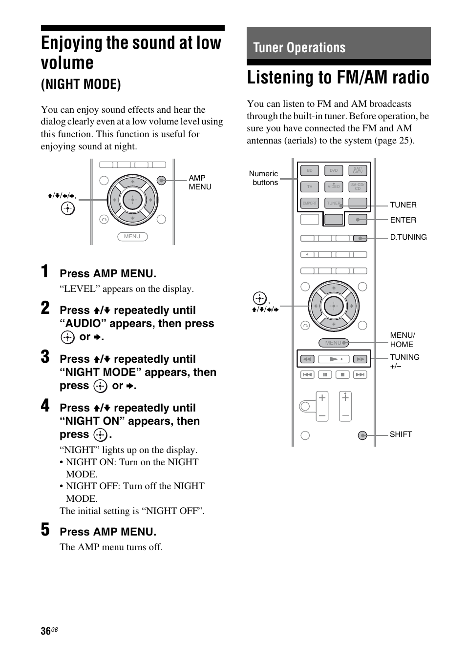 Enjoying the sound at low volume (night mode), Tuner operations, Listening to fm/am radio | Enjoying the sound at low volume, Night mode) | Sony HT-AF5 User Manual | Page 36 / 80