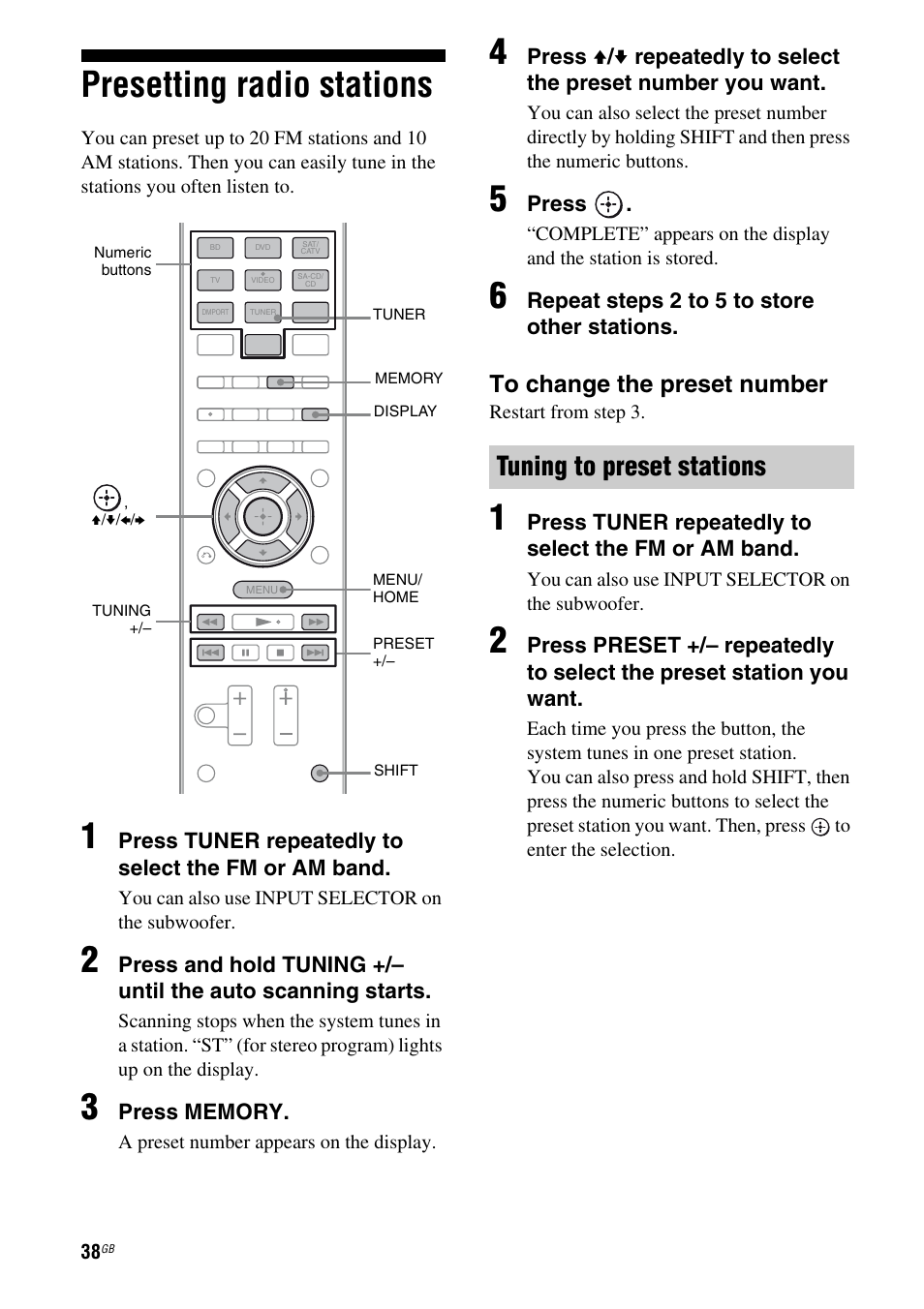 Presetting radio stations, Tuning to preset stations | Sony HT-AF5 User Manual | Page 38 / 80