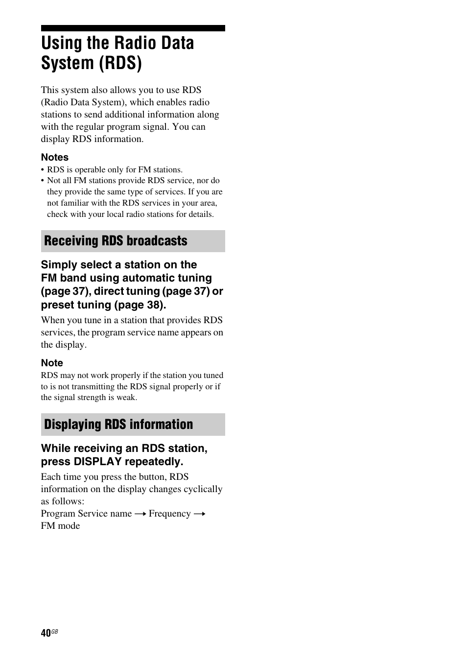 Using the radio data system (rds) | Sony HT-AF5 User Manual | Page 40 / 80