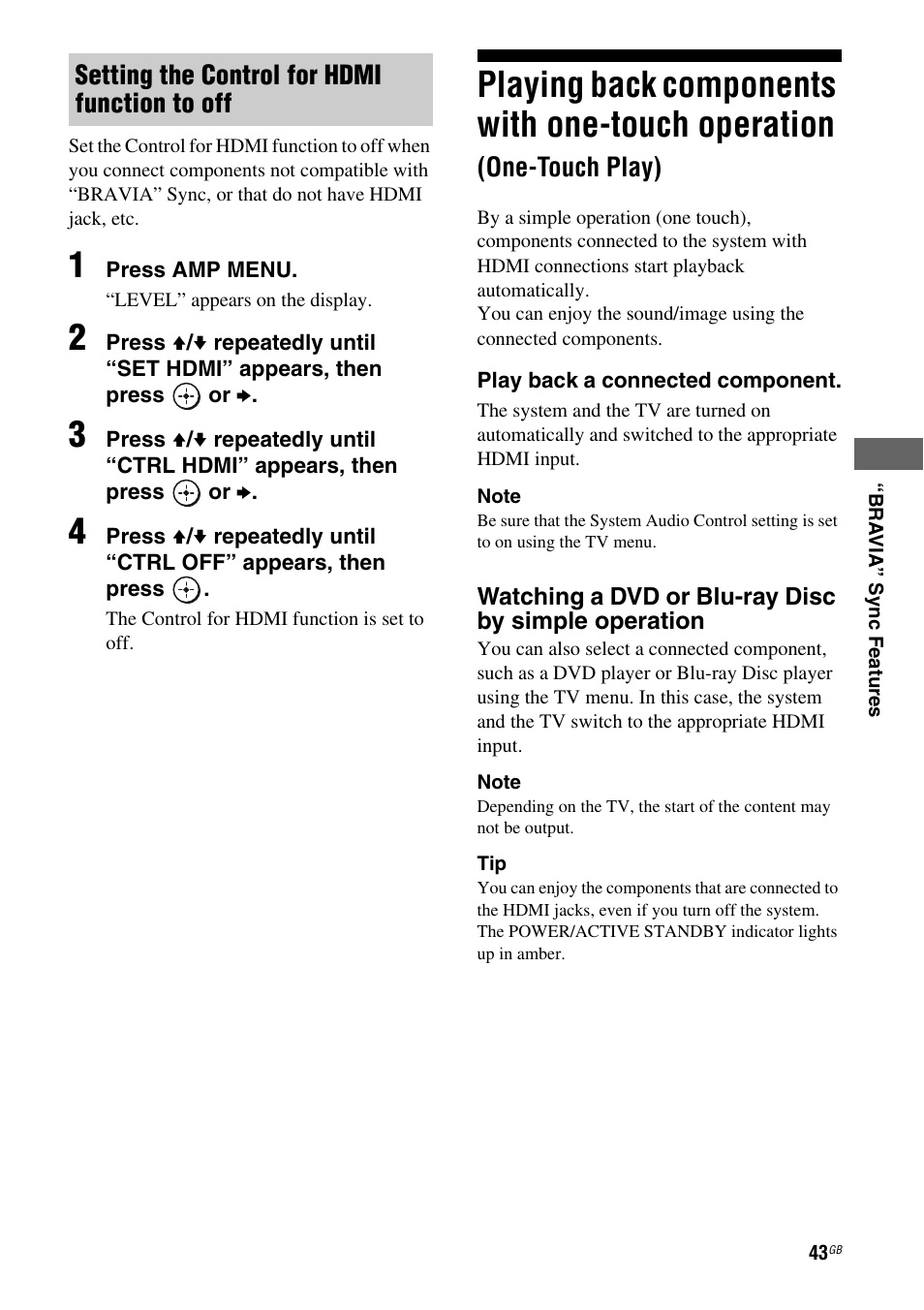 Playing back components with one-touch, Operation (one-touch play), Playing back components with one-touch operation | One-touch play), Setting the control for hdmi function to off | Sony HT-AF5 User Manual | Page 43 / 80
