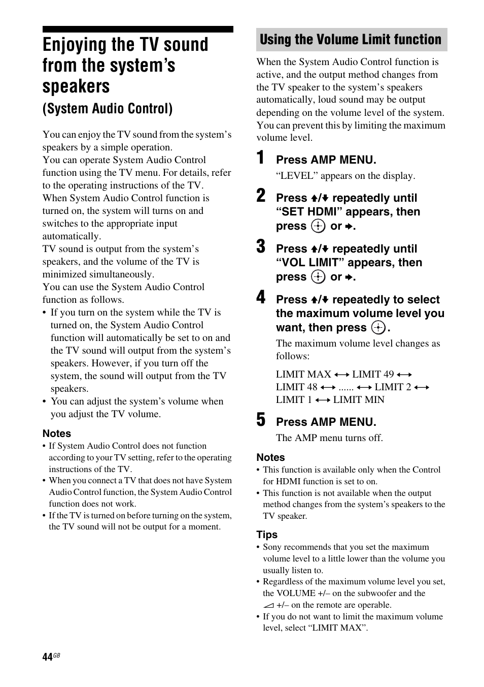 Enjoying the tv sound from the system’s, Speakers (system audio control), Enjoying the tv sound from the system’s speakers | System audio control), Using the volume limit function | Sony HT-AF5 User Manual | Page 44 / 80