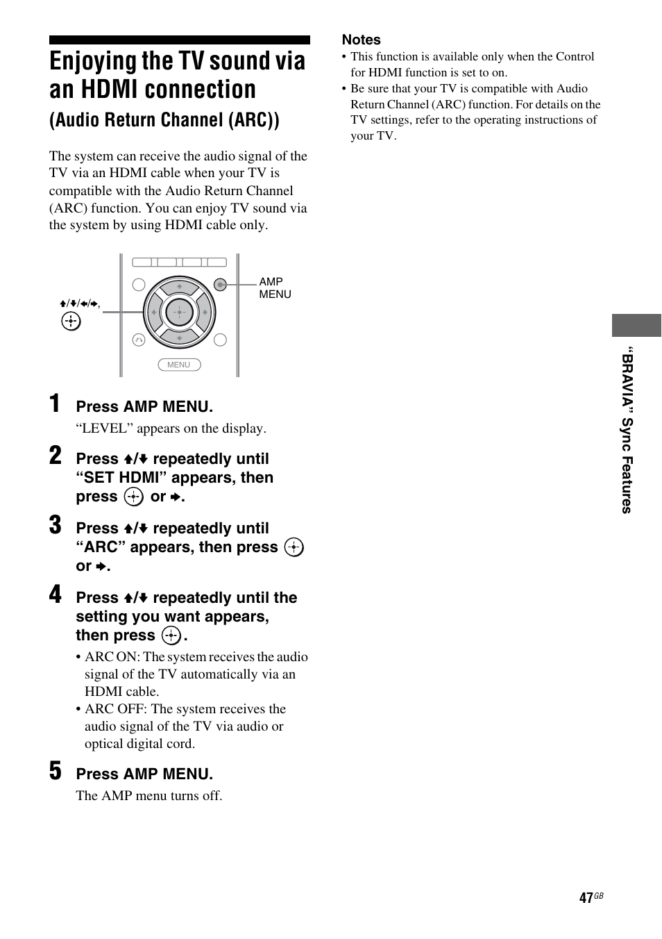 Enjoying the tv sound via an hdmi, Connection (audio return, Channel (arc)) | Enjoying the tv sound via an hdmi connection, Audio return channel (arc)) | Sony HT-AF5 User Manual | Page 47 / 80