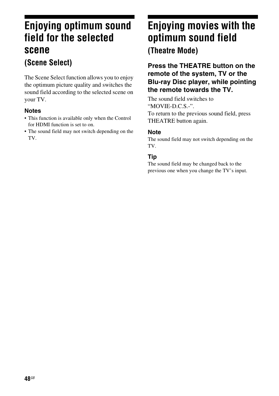 Enjoying optimum sound field for the, Selected scene (scene select), Enjoying movies with the optimum sound | Field (theatre mode), Enjoying movies with the optimum sound field, Scene select), Theatre mode) | Sony HT-AF5 User Manual | Page 48 / 80