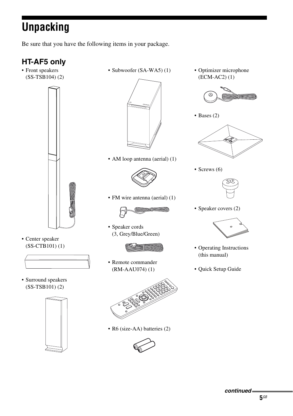 Unpacking, Ht-af5 only | Sony HT-AF5 User Manual | Page 5 / 80