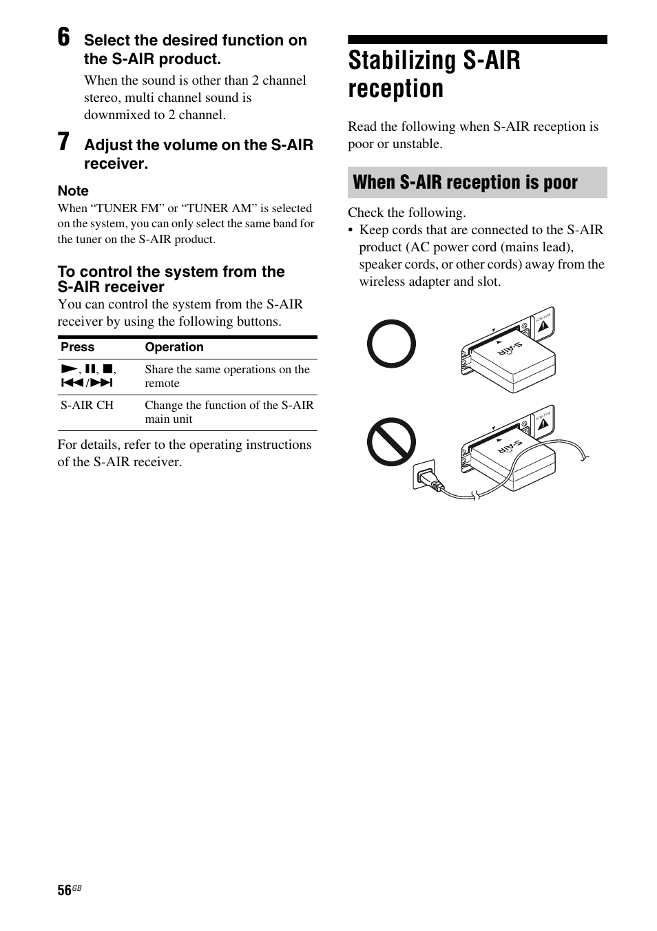 Stabilizing s-air reception, When s-air reception is poor, Select the desired function on the s-air product | Adjust the volume on the s-air receiver | Sony HT-AF5 User Manual | Page 56 / 80