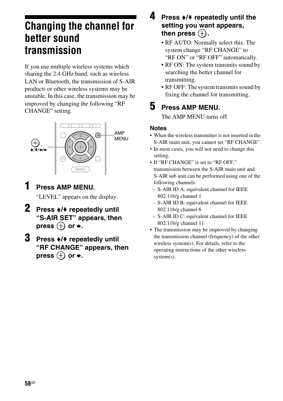 Changing the channel for better sound transmission, Changing the channel for better sound, Transmission | Sony HT-AF5 User Manual | Page 58 / 80