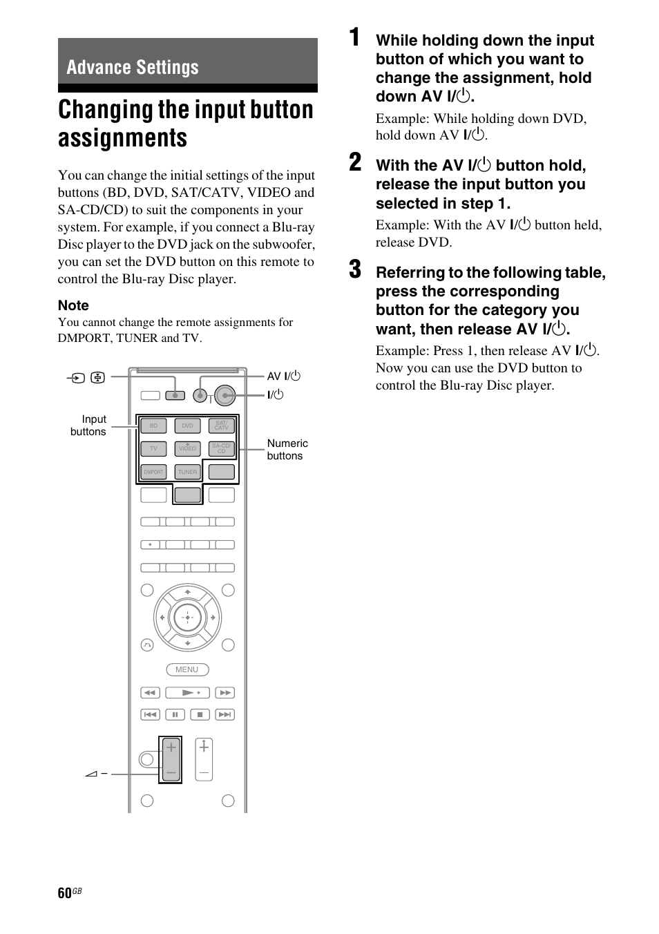 Advance settings, Changing the input button assignments | Sony HT-AF5 User Manual | Page 60 / 80