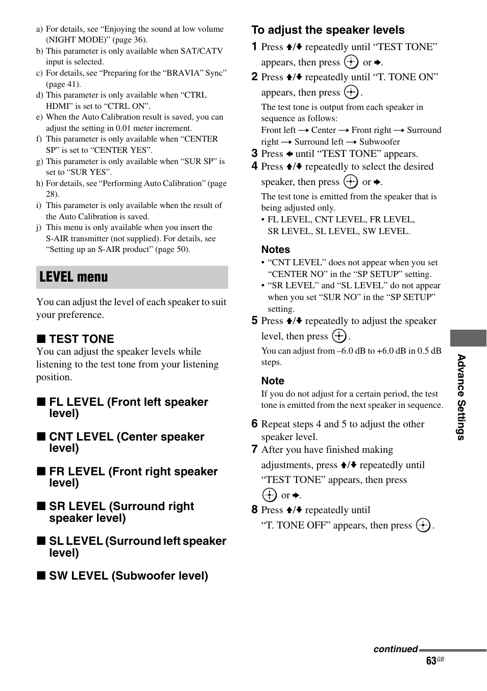 Level menu | Sony HT-AF5 User Manual | Page 63 / 80