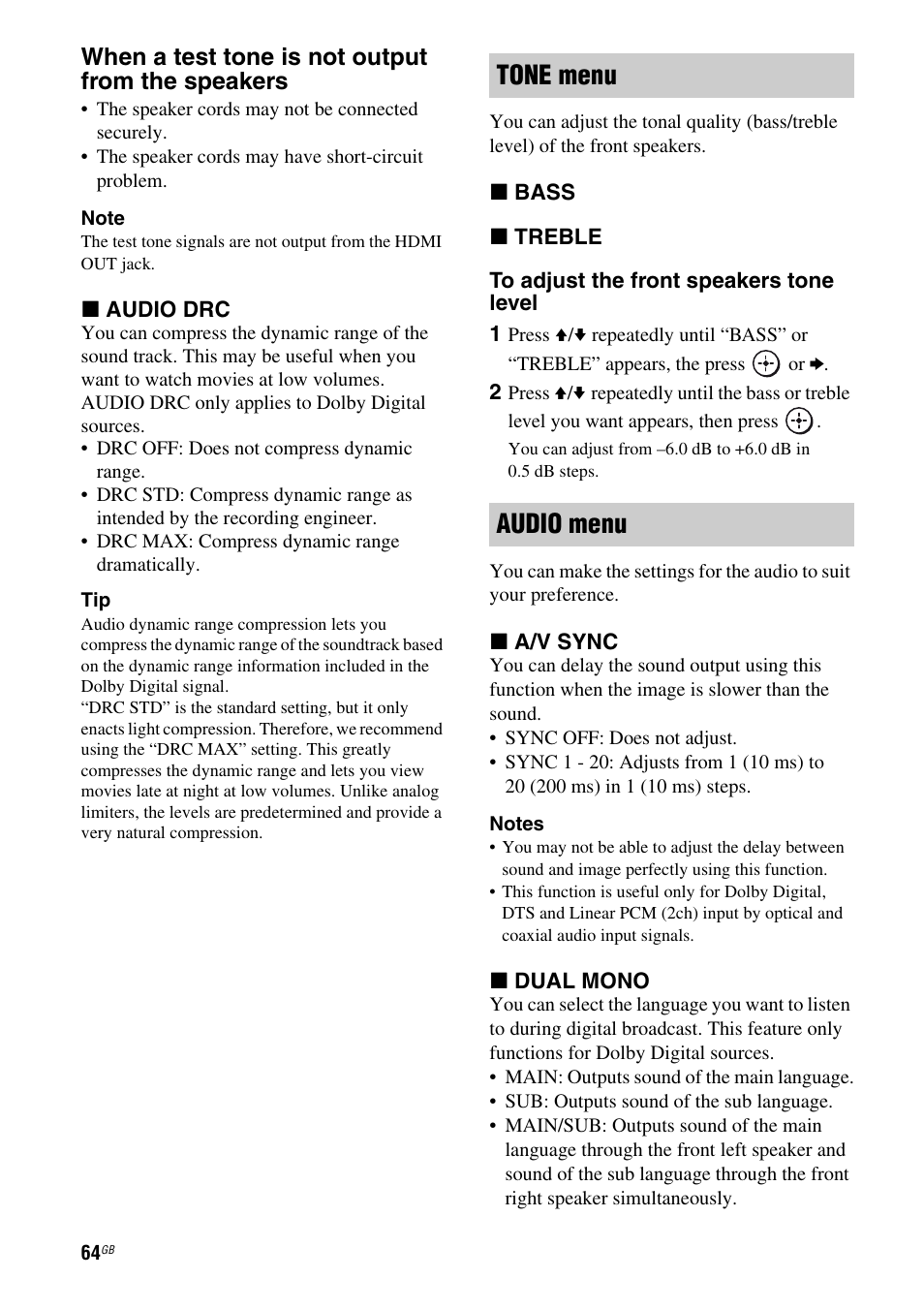 Tone menu audio menu, When a test tone is not output from the speakers | Sony HT-AF5 User Manual | Page 64 / 80