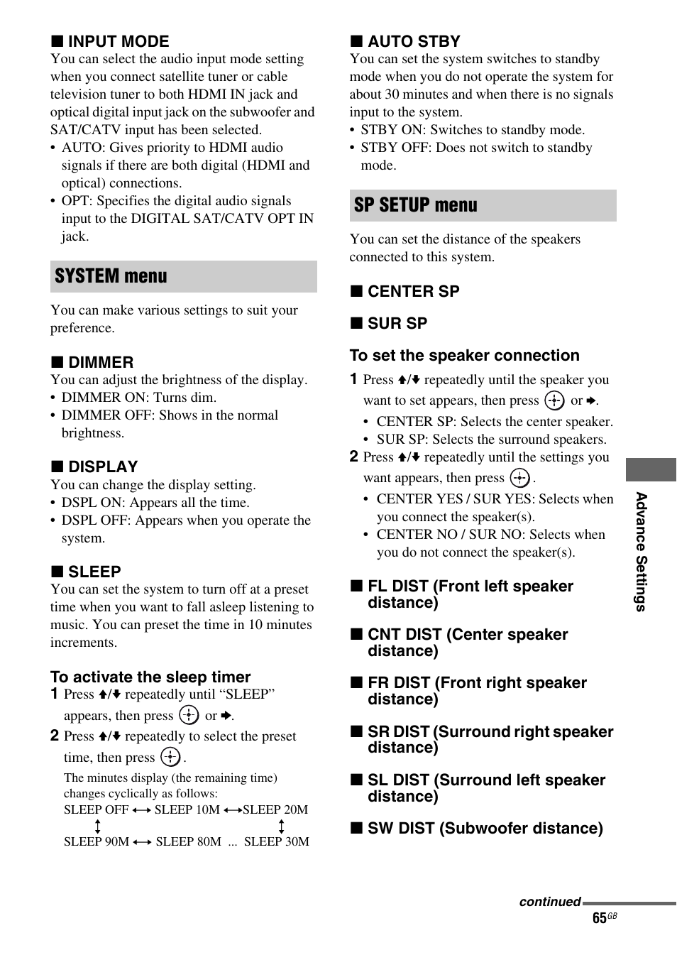 System menu sp setup menu | Sony HT-AF5 User Manual | Page 65 / 80