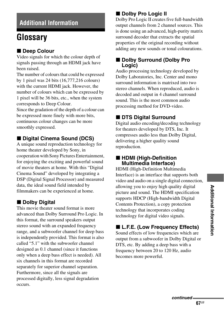 Additional information, Glossary | Sony HT-AF5 User Manual | Page 67 / 80