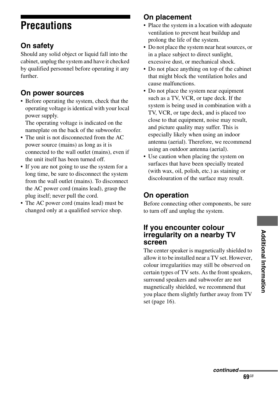 Precautions | Sony HT-AF5 User Manual | Page 69 / 80