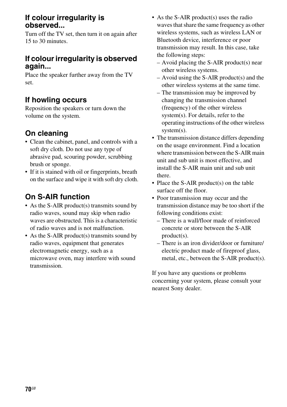 If colour irregularity is observed, If colour irregularity is observed again, If howling occurs | On cleaning, On s-air function | Sony HT-AF5 User Manual | Page 70 / 80