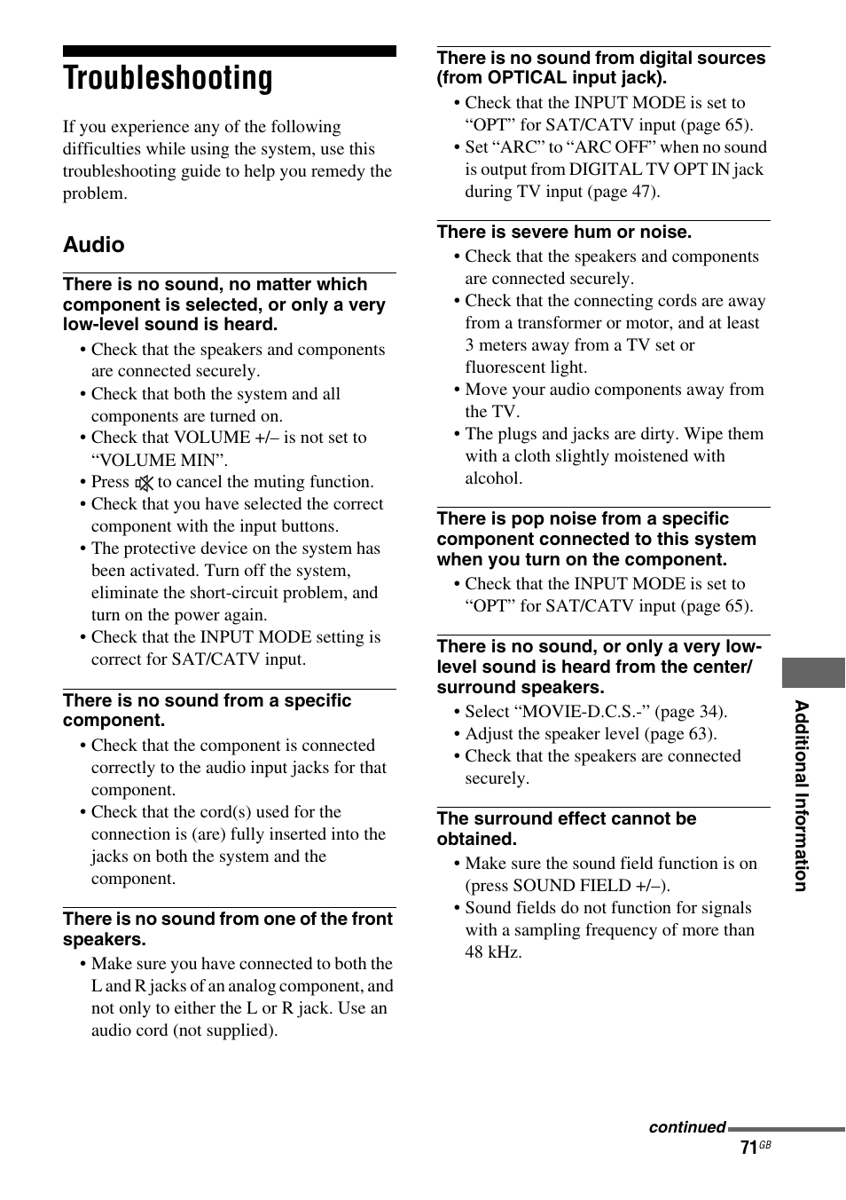 Troubleshooting | Sony HT-AF5 User Manual | Page 71 / 80
