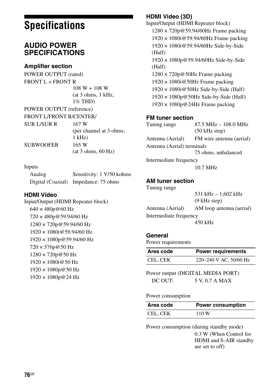 Specifications, Audio power specifications | Sony HT-AF5 User Manual | Page 76 / 80