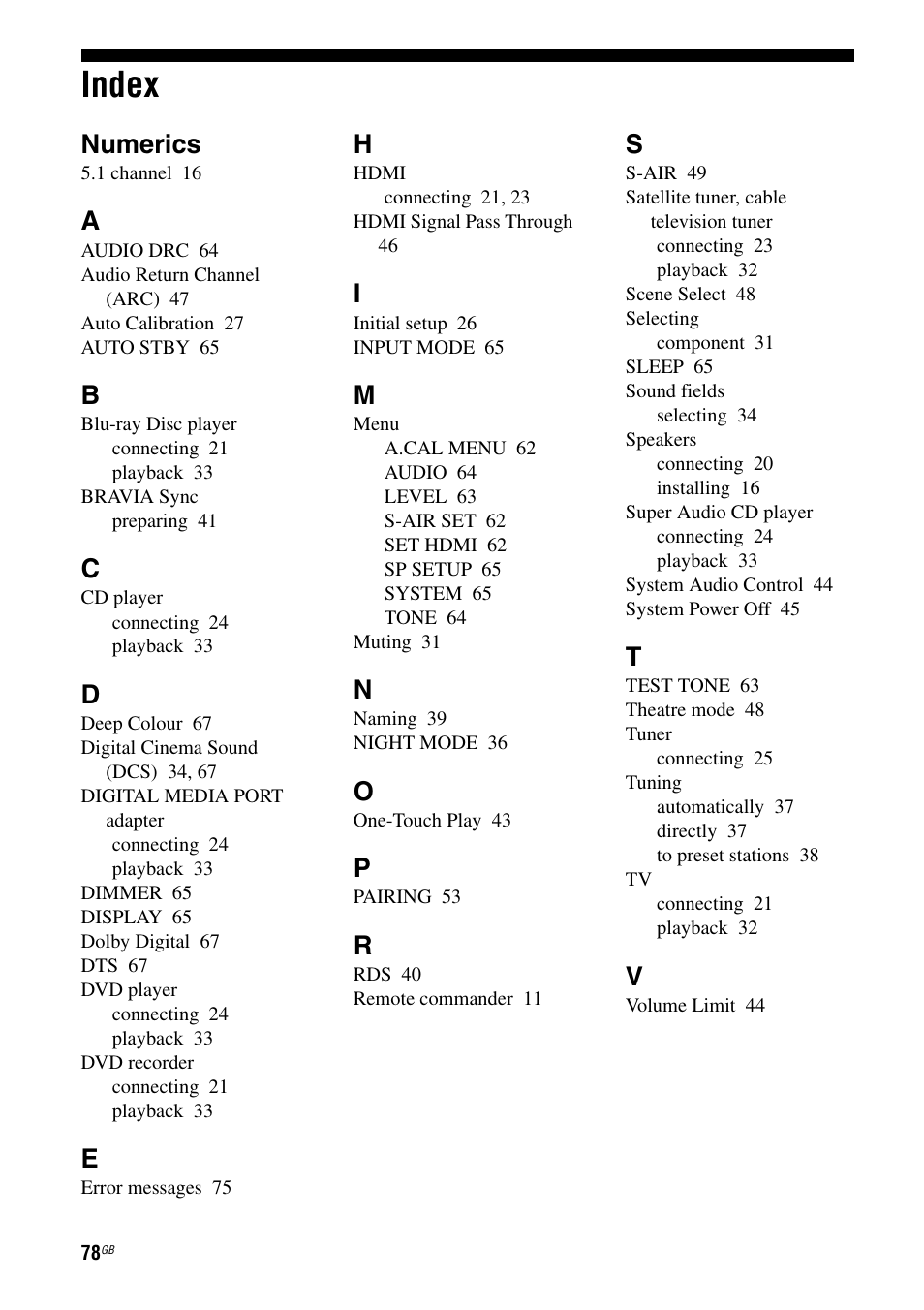 Index, Numerics | Sony HT-AF5 User Manual | Page 78 / 80