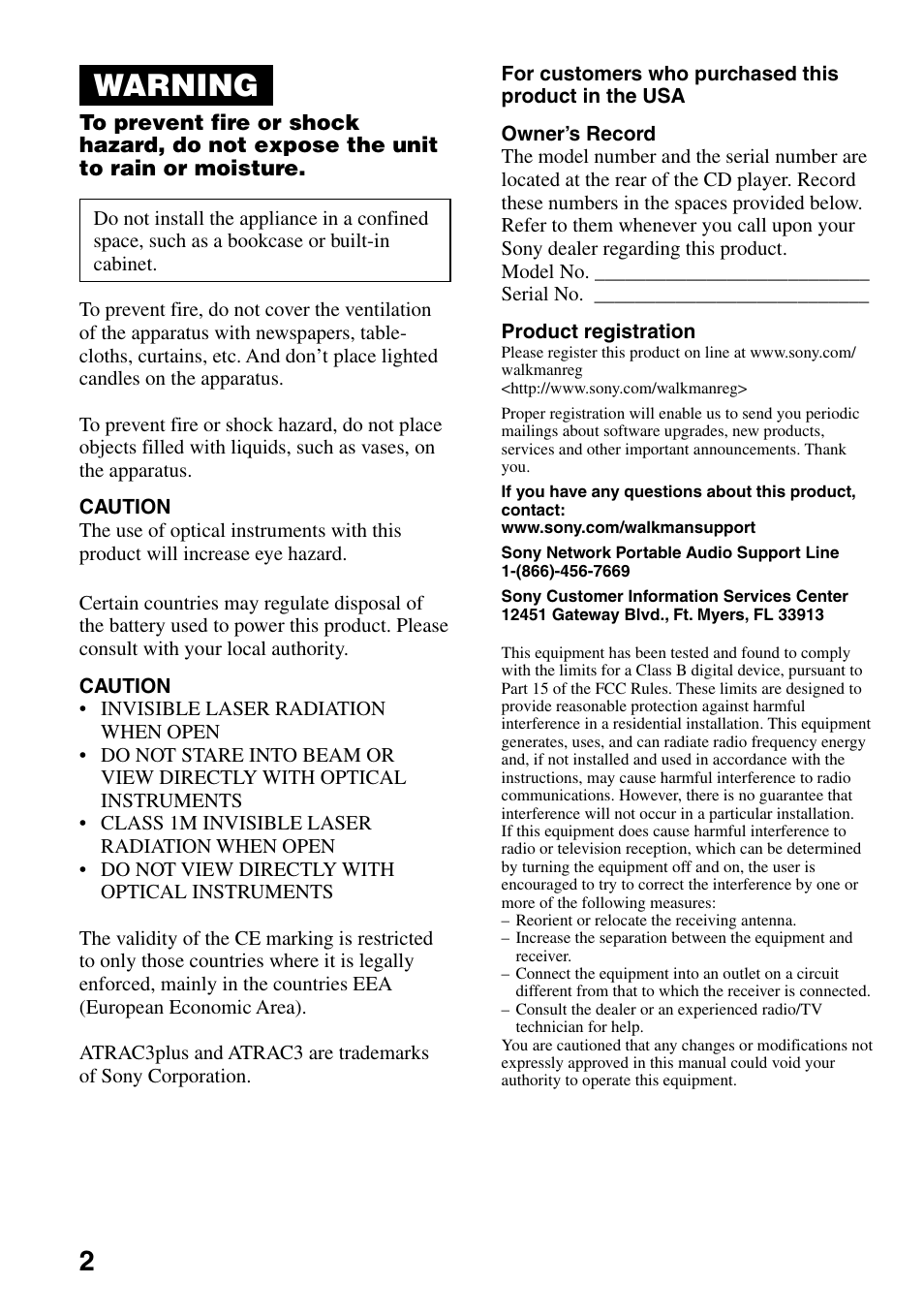 Warning | Sony Atrac3/MP3 CD Walkman D-NE306CK User Manual | Page 2 / 40
