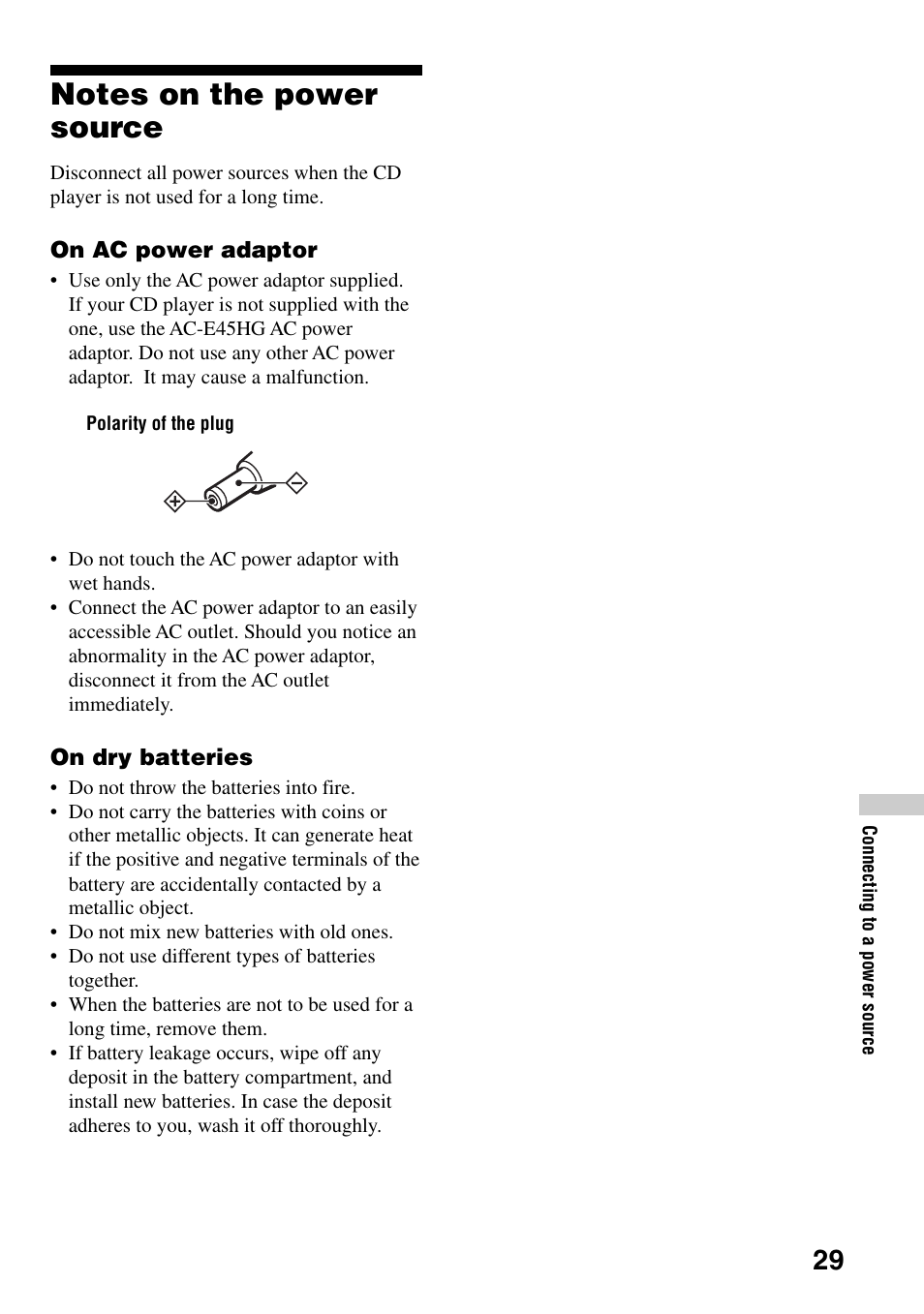 Notes on the power source | Sony Atrac3/MP3 CD Walkman D-NE306CK User Manual | Page 29 / 40