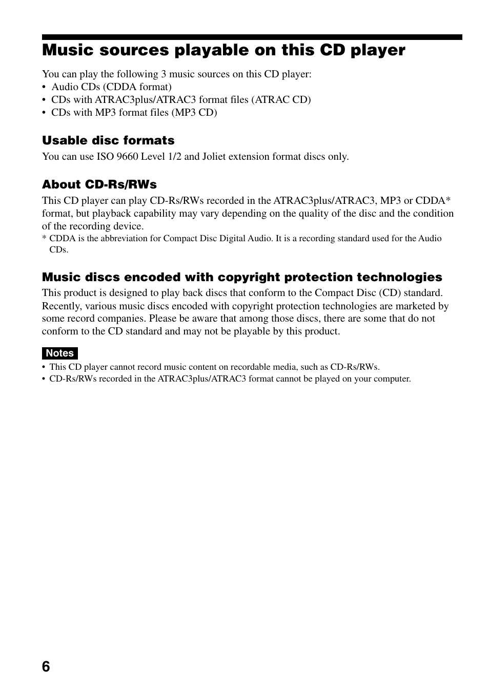 Music sources playable on this cd player | Sony Atrac3/MP3 CD Walkman D-NE306CK User Manual | Page 6 / 40