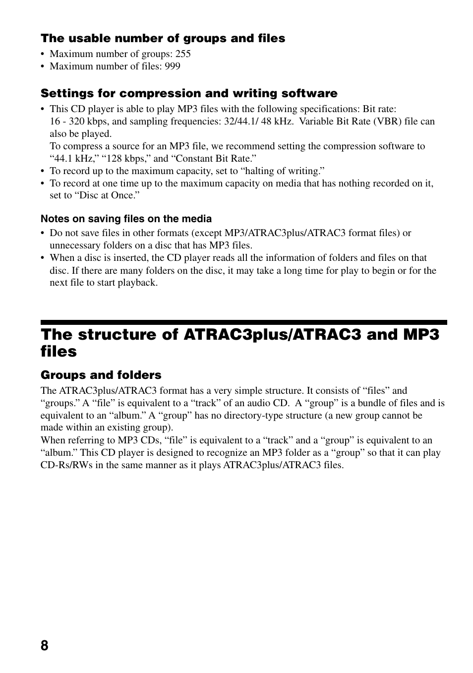 The structure of atrac3plus/atrac3 and mp3 files, The structure of atrac3plus/atrac3, And mp3 files | Sony Atrac3/MP3 CD Walkman D-NE306CK User Manual | Page 8 / 40