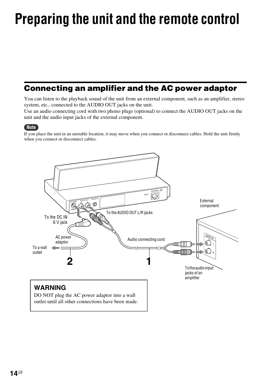 Preparing the unit and the remote control, Connecting an amplifier and the ac power adaptor | Sony NAC-SV10I User Manual | Page 14 / 92