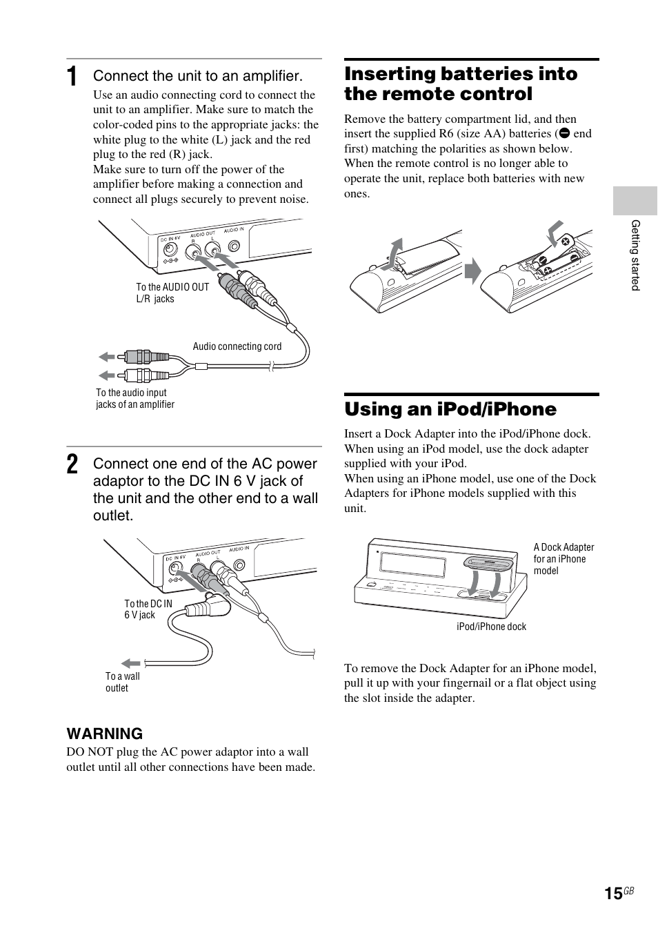 Inserting batteries into the remote control, Using an ipod/iphone | Sony NAC-SV10I User Manual | Page 15 / 92