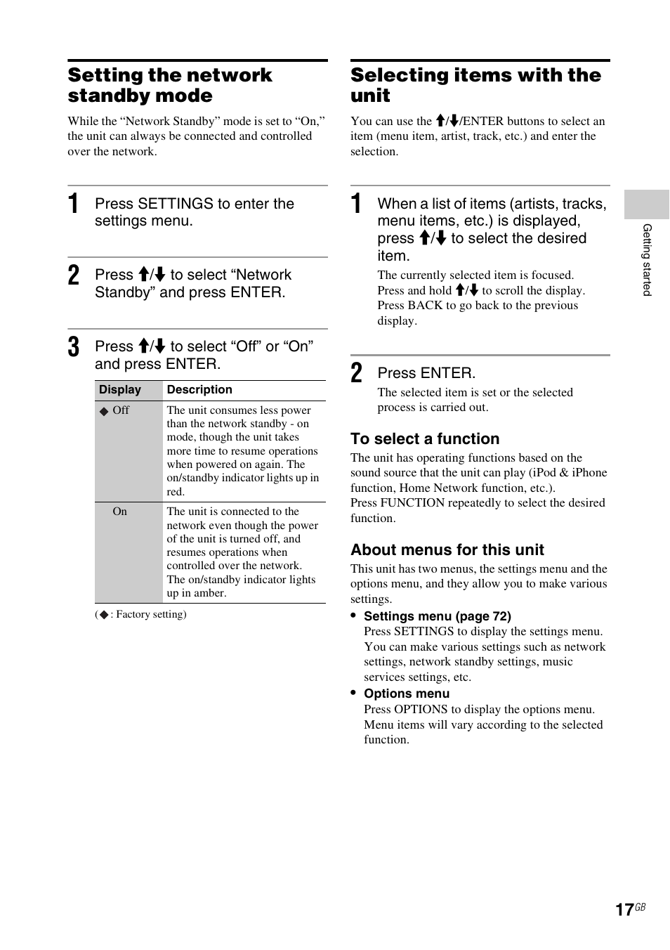 Setting the network standby mode, Selecting items with the unit, E 17) | Es 17 | Sony NAC-SV10I User Manual | Page 17 / 92