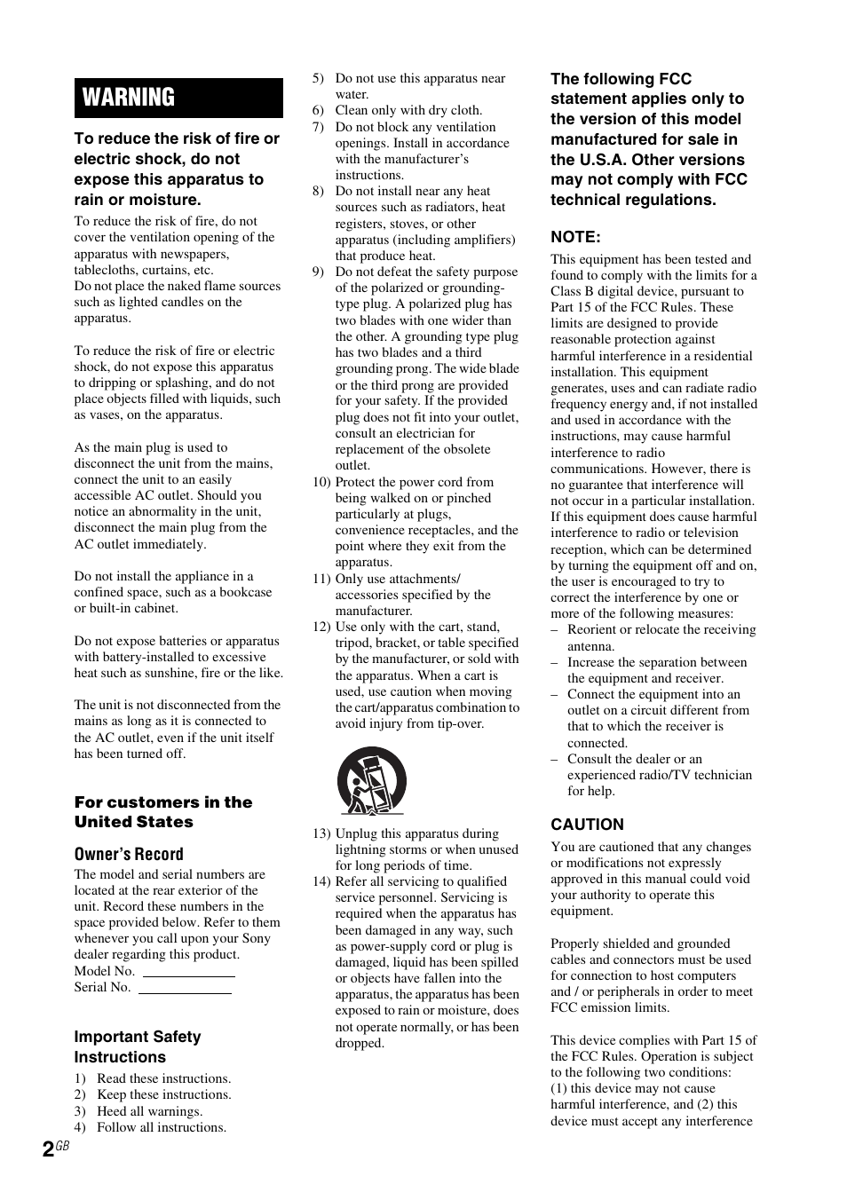 Warning | Sony NAC-SV10I User Manual | Page 2 / 92