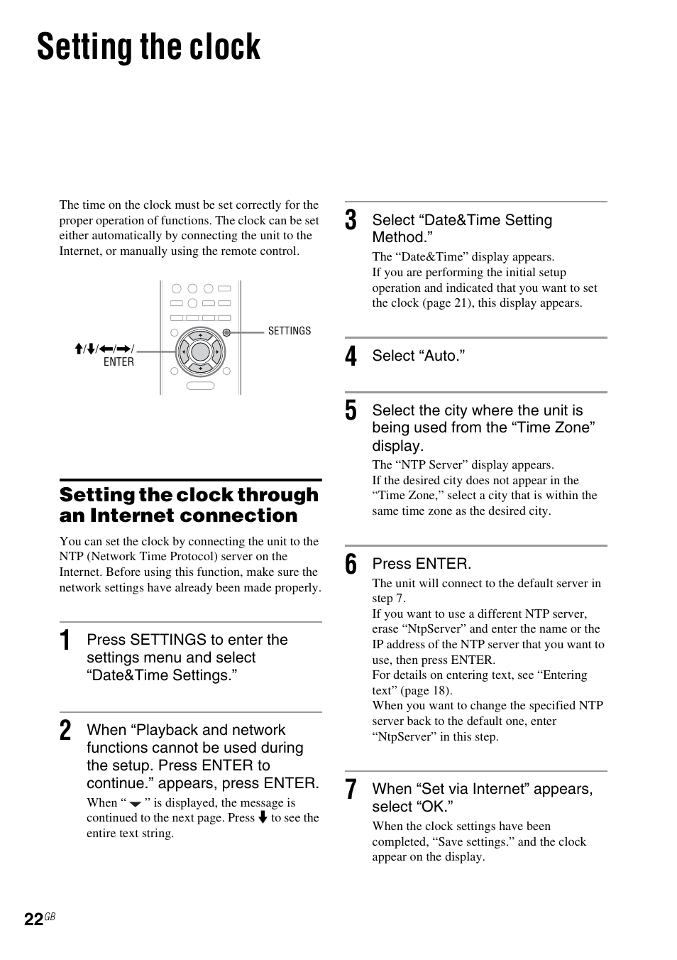 Setting the clock, Setting the clock through an internet connection | Sony NAC-SV10I User Manual | Page 22 / 92