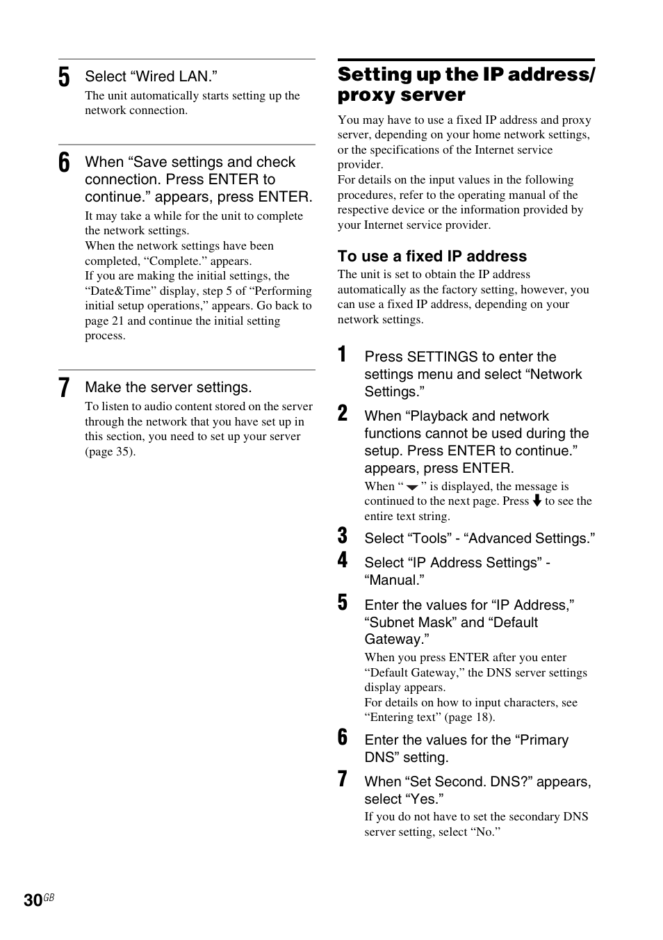 Setting up the ip address/ proxy server, Setting up the ip address/proxy server | Sony NAC-SV10I User Manual | Page 30 / 92