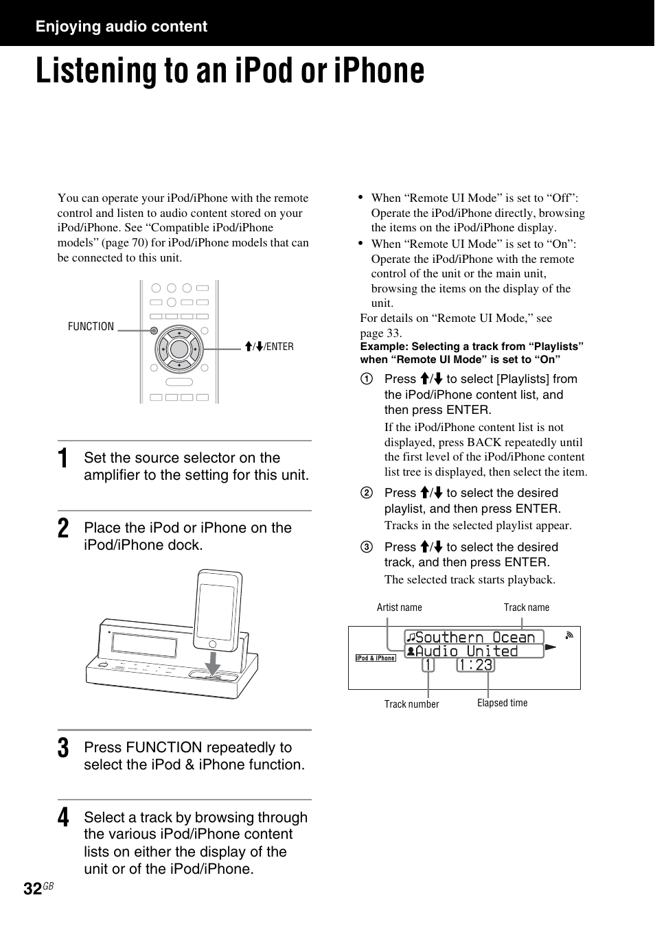 Enjoying audio content, Listening to an ipod or iphone | Sony NAC-SV10I User Manual | Page 32 / 92