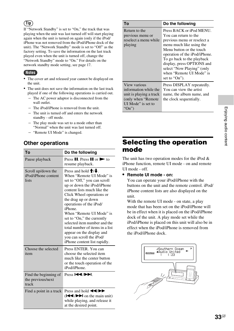 Selecting the operation mode, E 33), Other operations | Sony NAC-SV10I User Manual | Page 33 / 92